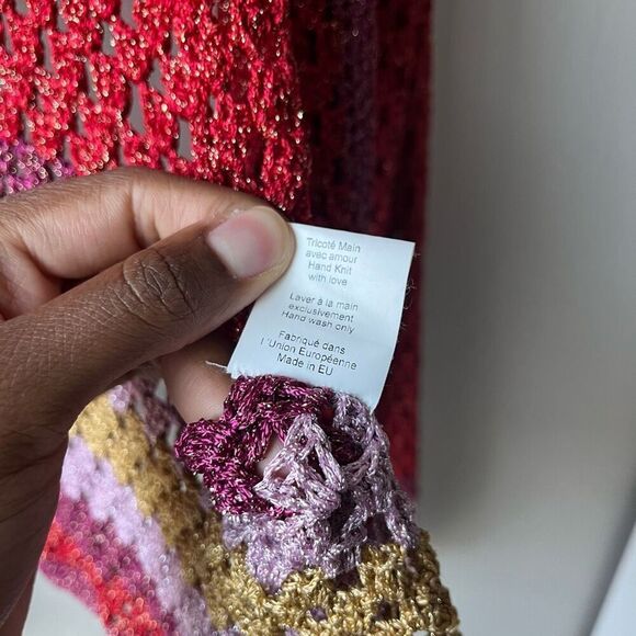 Rose Carmine Metallic Red Crochet Knit Colorblock Open Cardigan Sweater One Size - Picture 8 of 8